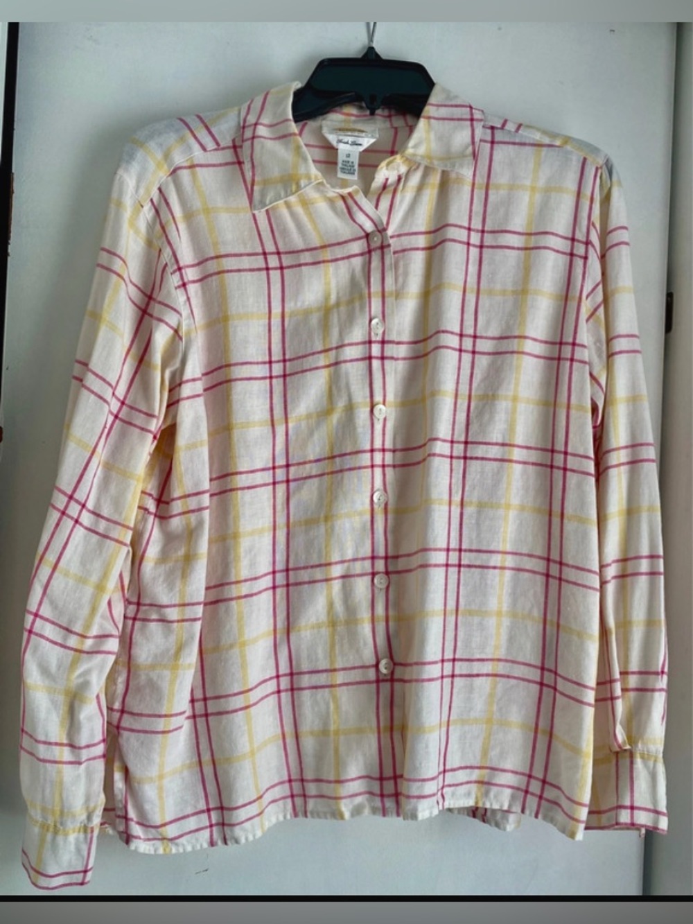 Talbots Petites Irish Linen Button up shirt sz 12 white/pink/yellow long sleeve